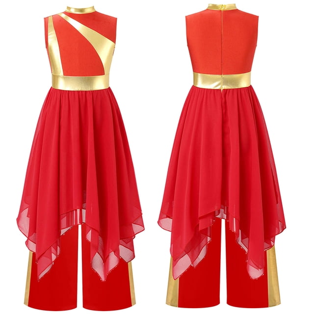 Moggemol Robe de Culte Liturgique pour Fille Enfant, Robe de Chorale d'Église avec Pantalon à Jambe Grand, Robe de Danse de Louange Rouge 6