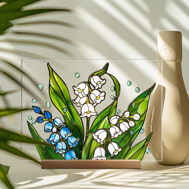 Nilvkv Acrylic Printed Desktop Display Floral Decoration Wooden Base Transparent Desktop Ornament