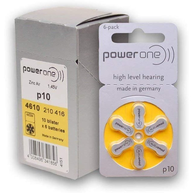PowerOne Piles pour Aide Auditive Taille 10, Lot de 60, Dotées de la Technologie zinc-air avec une Alimentation de 1,45 V. Comprend 10 Paquets blister, Chacun Contenant 6 Piles, Conçus pour des Appareils Auditifs de Haut Niveau. Fabriqué en Allemagne pour une performance Durable.