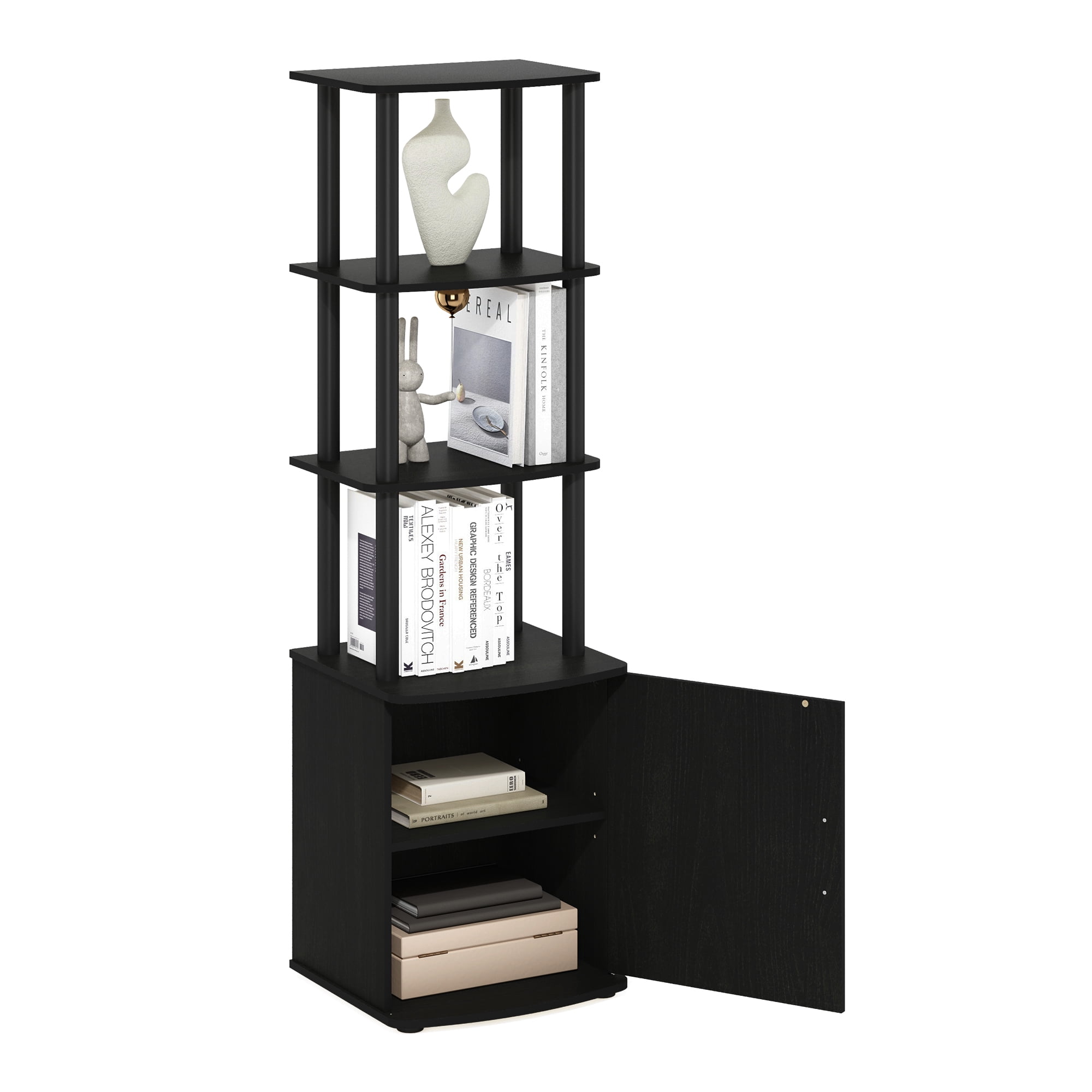 Furinno Turn-N-Tube 4-Tier Black Storage Shelves with Door Cabinet, TV Stand Side Book Shelf, Bookcase, for Organization and Storage, Living Room, Home Office, Blackwood