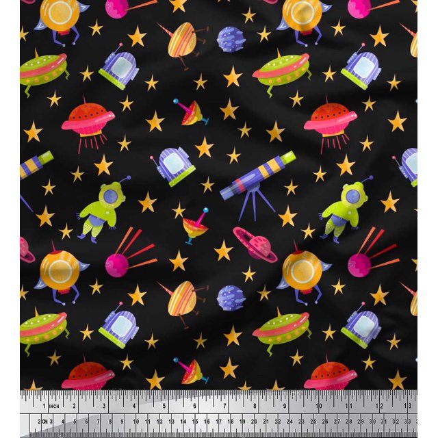 Soimoi Rayon Fabric Spaceship,Star & Telescope Cartoon Fabric Prints by Yard 56 Inch Wide
