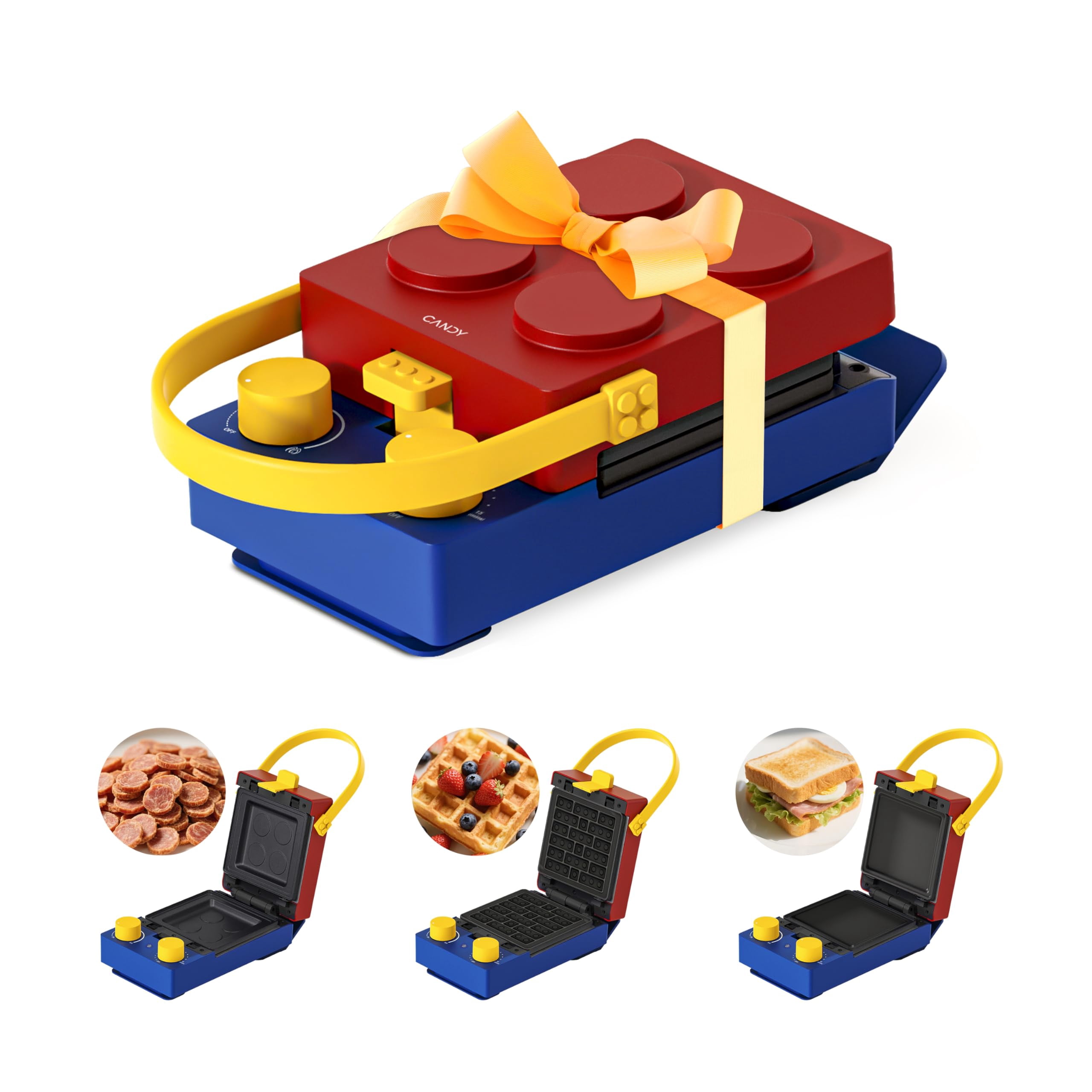 CANDY™ 3-in-1 Waffle Maker Panini Press, Grilled Sandwich Maker with Removable Plates, Compact & Portable Mini Toaster, Fast Double Heating, Un