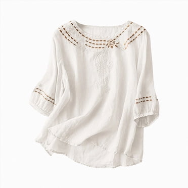 WUANDIXFA Summer Tops Women Linen Shirts for Women Retro Embroidery Summer Loose 3/4 Sleeve Tshirts Tunic Tops Casual Blouses Boho Clothes,White,XL
