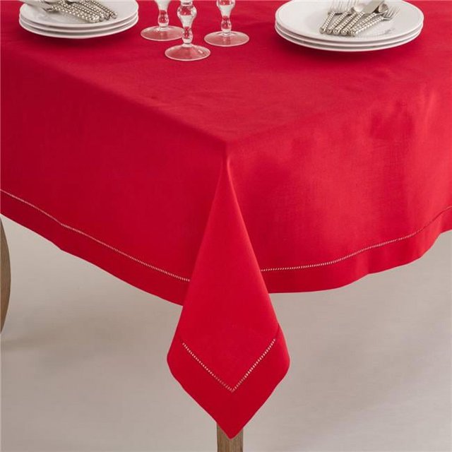 SARO 6301.R84S 84 in. Square Classic Hemstitch Border Tablecloth Red