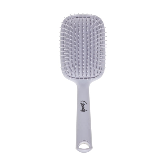 Goody Style Boost Paddle Detangling Brush in pastel with flexible bristles and comfortable handle, designed for thick hair to gently detangle knots and smooth frizz, featuring a wide paddle head and Goody logo.