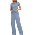 thumbnail image 4 of Birdeem Ensemble 2 Pcs Femme Mode Col Rond Uni Blouse à Manches Courtes + Pantalon Long Taille Élastique, 4 of 12