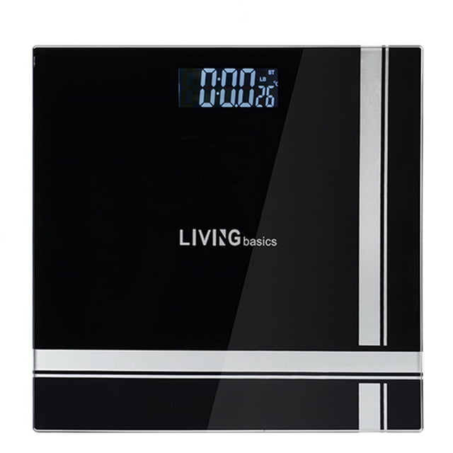 Bathroom Bath Scale, Digital Body Weight Glass Scale with Smart Step-on Technology and Temperature Display 396lb Capacity. A smart scale with a sleek black tempered glass platform, large LCD display showing weight in LB, ST, or KG, and current temperature. Ideal for digital weight tracking and smart health monitoring. Features anti-skid padding and a sturdy 11 x 11-inch surface for safety and comfort. Powered by 2 AAA batteries (not included).