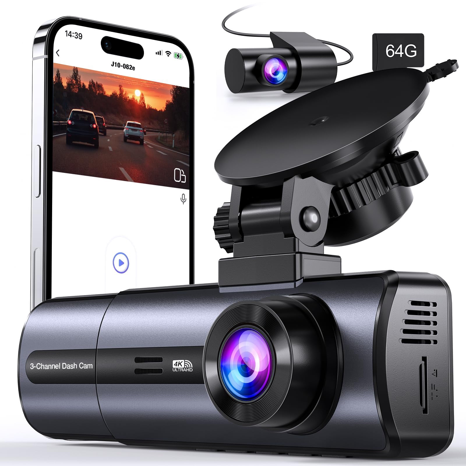 3 Channel 4K Dash Cam with 5GHz WiFi & APP Control, 4K/2.5K+1080P+1080P Front Inside and Rear, Triple Dash Camera with 64GB Card,