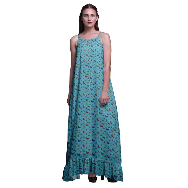 Bimba Robe de Nuit Longue à Bretelles Spaghetti pour Femmes, Bleu Turquoise, Papillons, Pois et Imprimée, Robe Maxi de Sommeil, X-Small