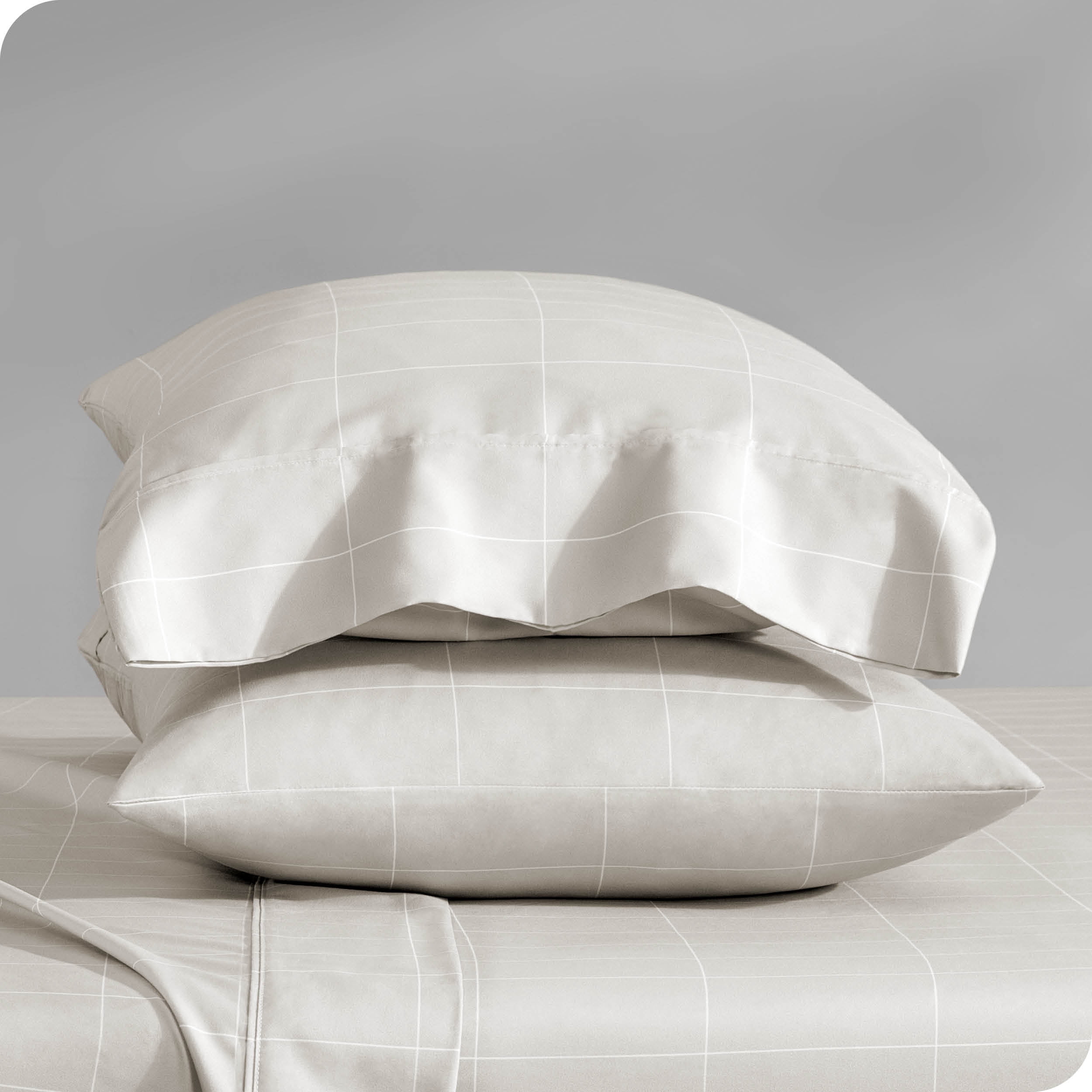 Bare Home Pillowcase Set - Premium 1800 Collection - Double Brushed - Ultra Soft - Standard Size, Grid - Stone/White, 2 Count