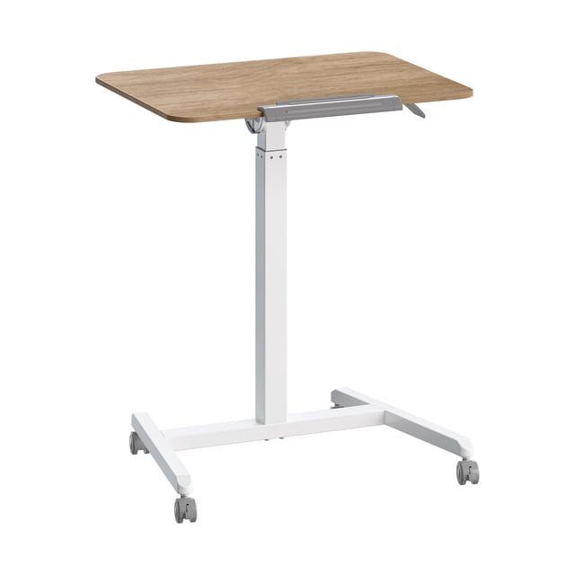 Seville Classics Natural Wood airLIFT® Pneumatic Tilting Mobile Desk Cart front-facing view of a mobile height-adjustable cart with a natural wood laminated MDF tabletop on a solid steel frame; pneumatic lever for 29.9"–43.3" height adjustment, visible tilting tabletop mechanism, four 1.5" caster wheels with two locking, shown as a compact rolling side table suitable for standing, couch, or studio use.