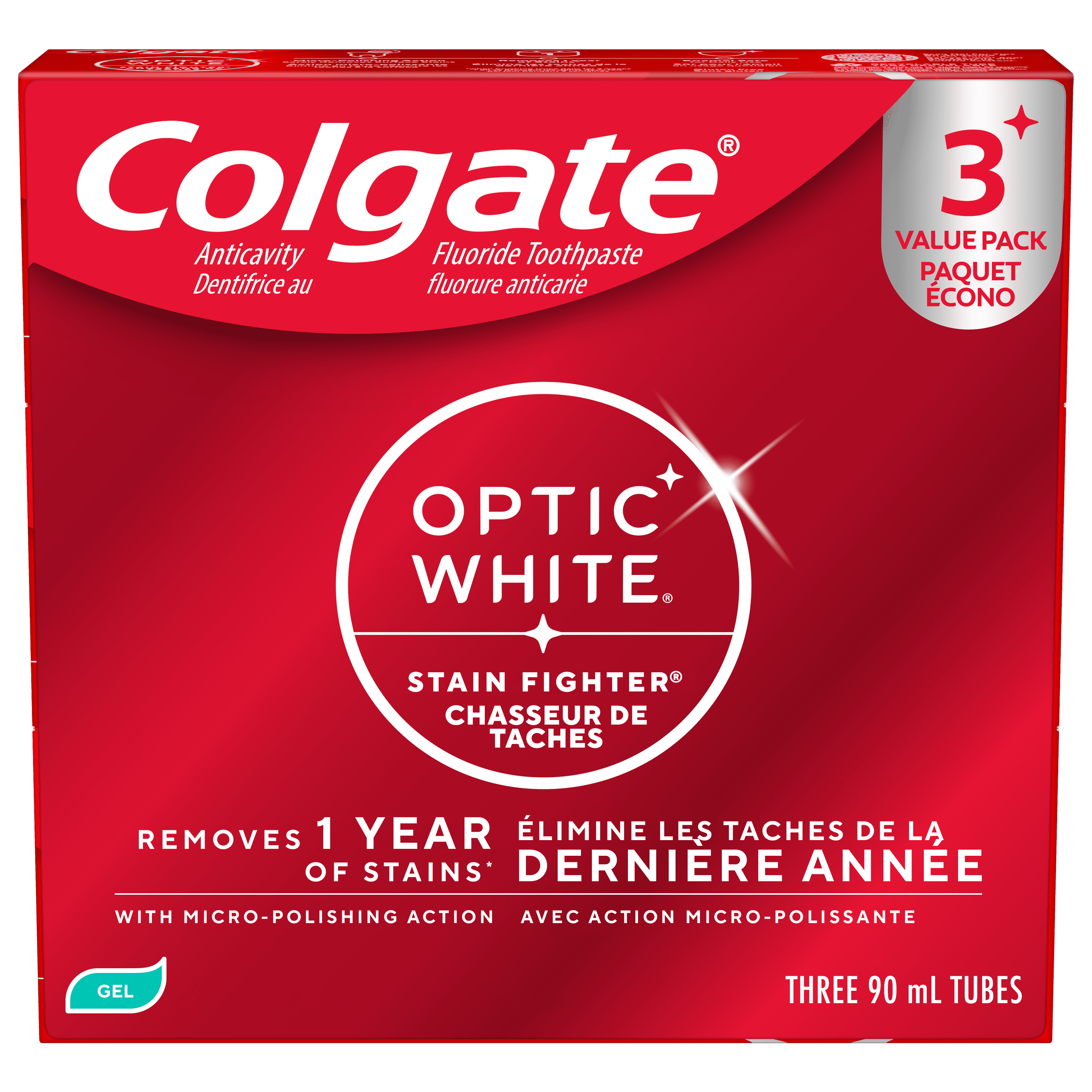 Colgate Optic White Chasseur de Taches Menthe Fraîche Dents Dentifrice Gel, Paquet Écono 3x90ml