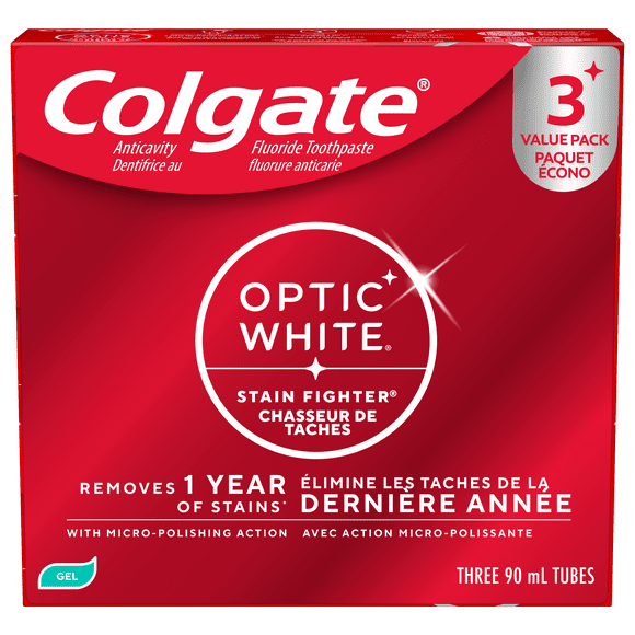 Colgate Optic White Stain Fighter Fresh Mint Teeth Toothpaste Gel, Value pack 3x90ml