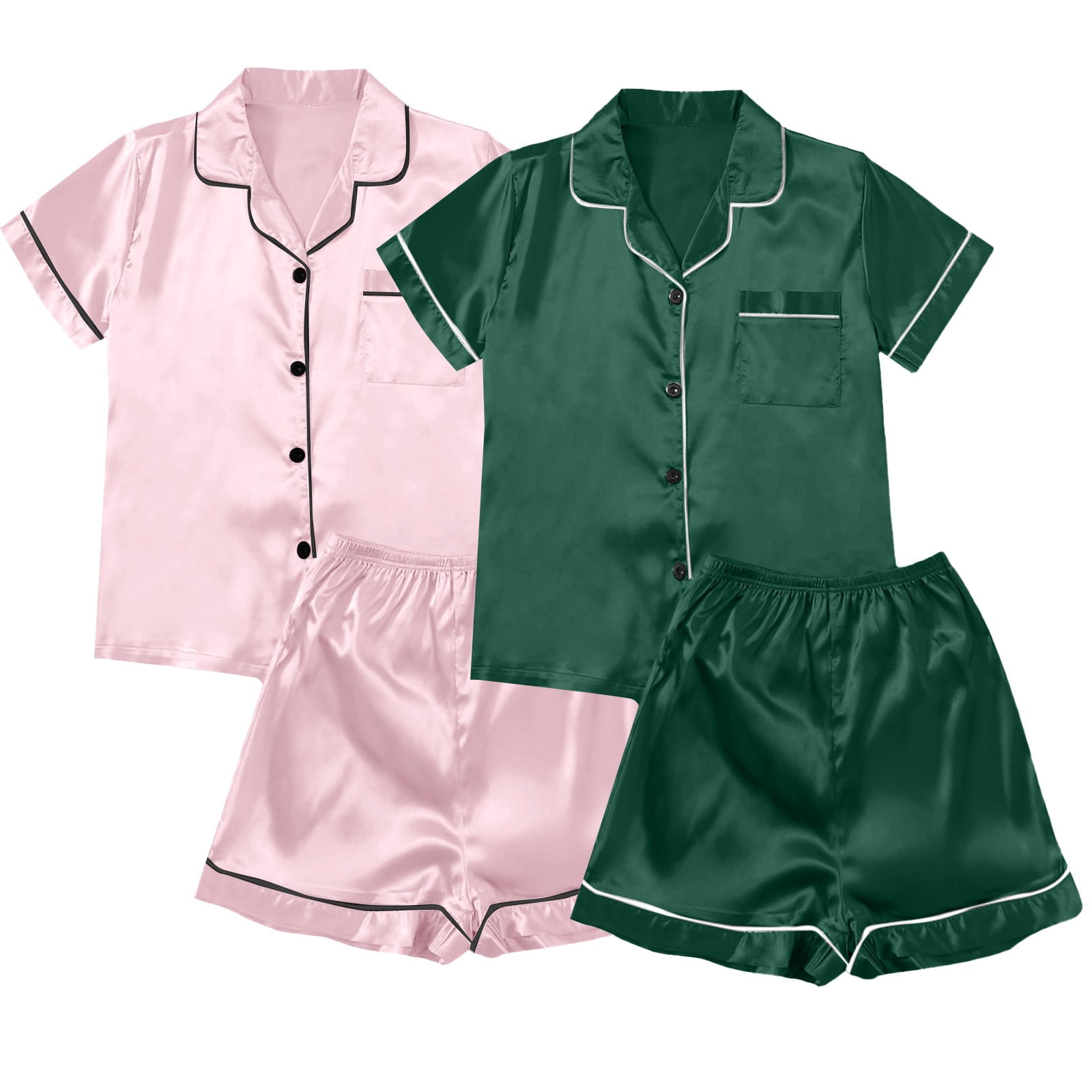 ZJXFGS Sleepwear for Women, Women Pajamas, Satin Pyjamas Women's Short 4 Piece Pyjamas Short Sleeve Sleepwear and Shorts Set Women Leisure Suit Loungewear, Short Pajama Set for Women Red 2XL