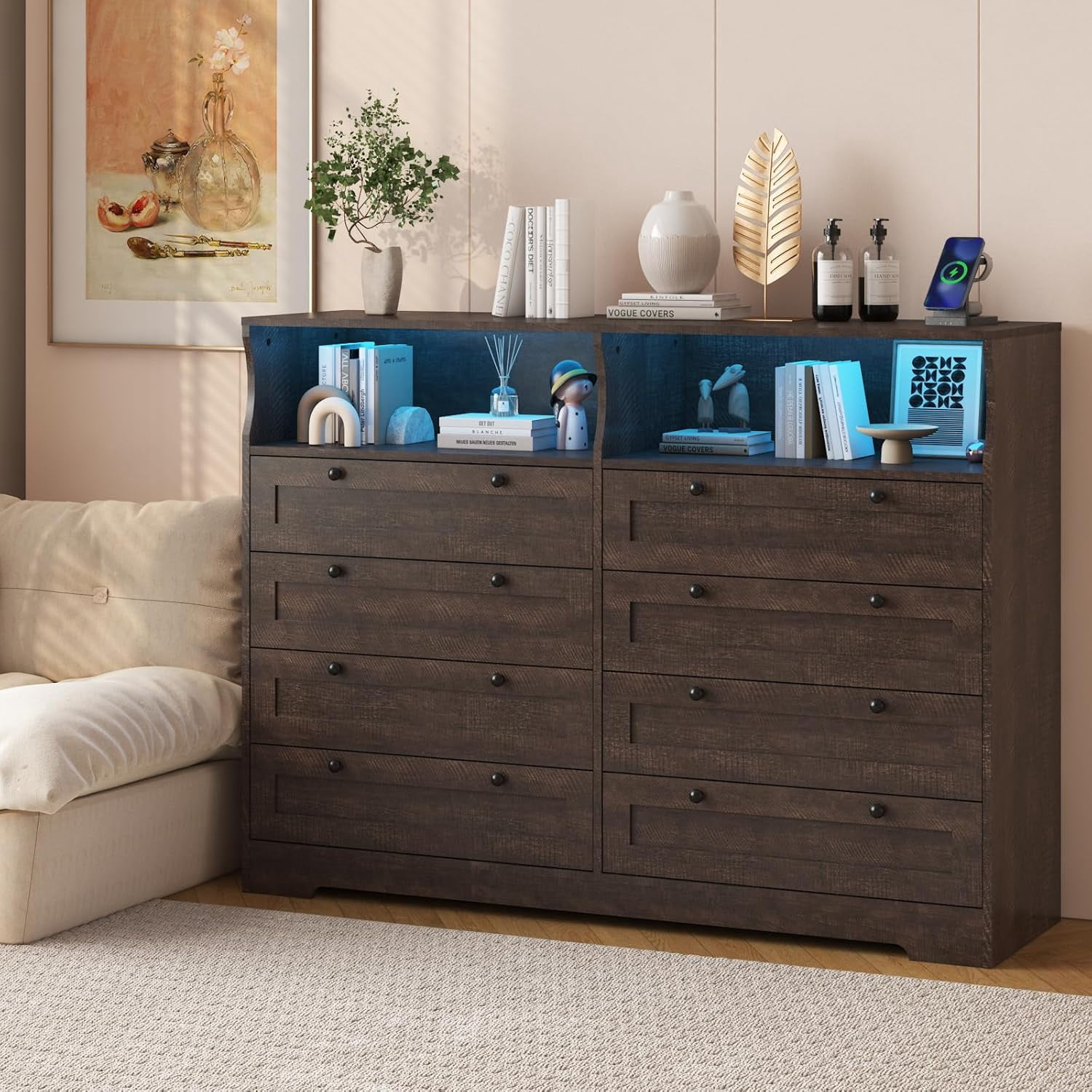55" TV Stand, 8-Drawer TV Stand, with Charging Station and LED Lights, for Bedroom, Wood Tabletop for Guest Room, Closet, Entryway，Brown