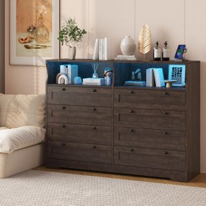 55" TV Restez debout. 8-Drawer TV Stand, avec la station de recharge et LED Lumières, pour Chambre, Table en bois pour Chambre d'hôtes, Closet, Entrée, Brun
