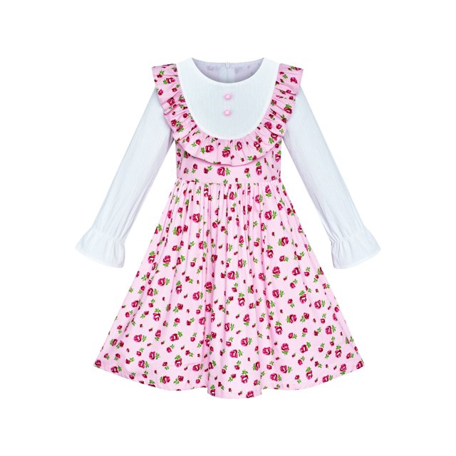 Robe Fille Rose Fleur Manches Longues Coton Robe Décontractée 6 Ans