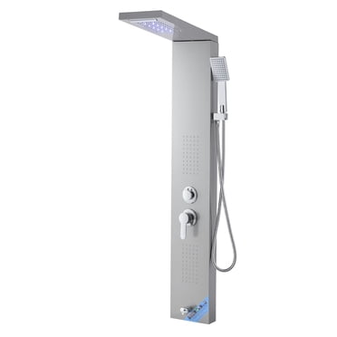 KFFKFF Shower Panel Tower System with Rainfall Waterfall Shower Head, LED, 53 in Brushed Stainless Steel Shower Column, 5-Function Faucet, Wall-Mount Rain Massage System
