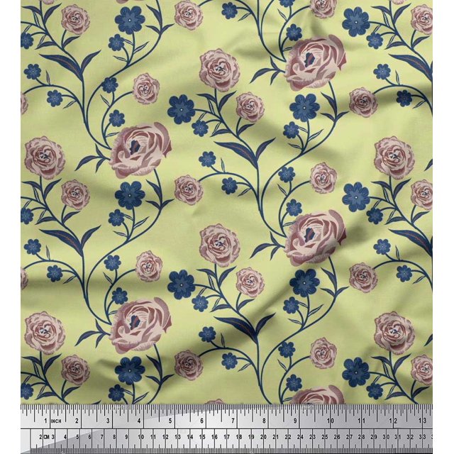 Soimoi Tissu Poly Georgette Feuilles & Roses Décor Floral Tissu Imprimé au Mètre 42 Pouces de Large