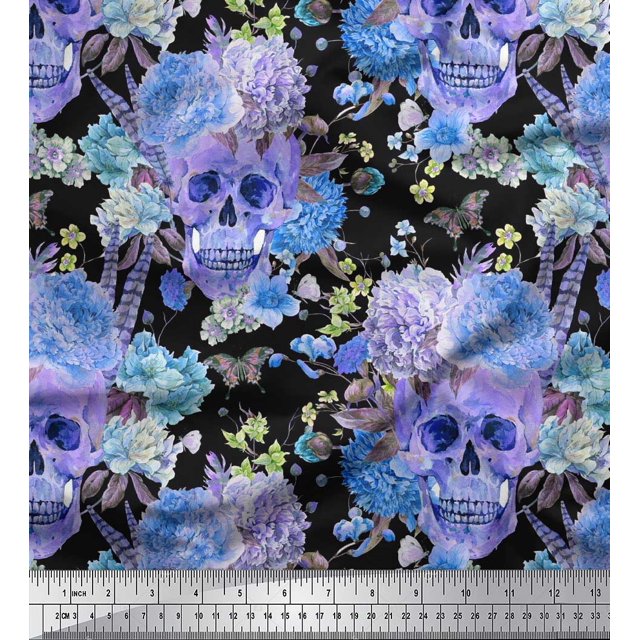 Soimoi Blue Rayon Fabric Insect,Skull & Flower Printed Craft Fabric by The Yard 56 Inch Wide