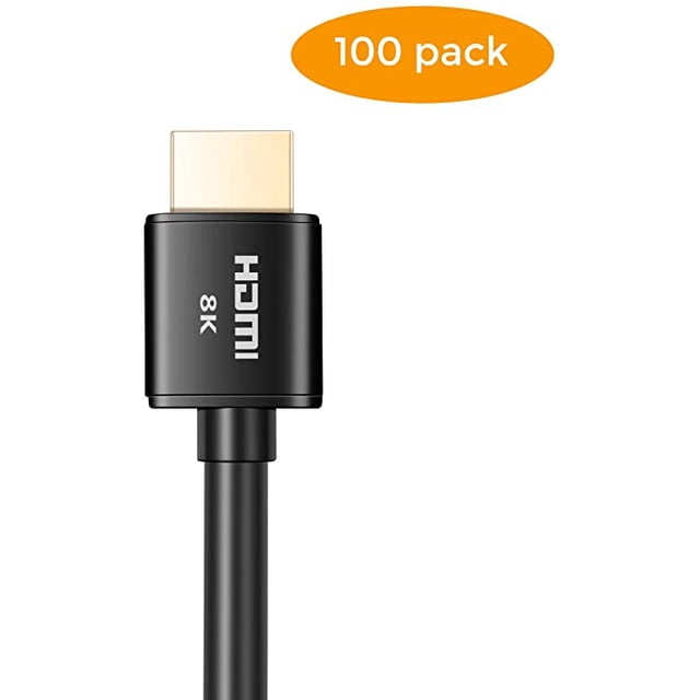 Buyer’s Point Ultra High Speed HDMI 2.1 Cable CL3 Rated Dynamic HDR 1.8M(6ft) 8K 120Hz, 48Gbps, Dolby Vision, eARC, Compatible with Apple TV, Nintendo Switch, Roku, Xbox PS4, Pack of 100 Black front-facing view of a single black 1.8m (6ft) HDMI cable with gold-plated HDMI plugs and a thick round jacket on a white background; notes 48Gbps high-bandwidth, Dynamic HDR and eARC support per product specs, often used for 4K/120Hz console gaming and AV installations.
