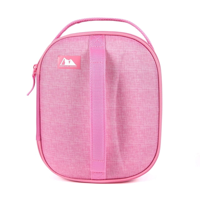 Arctic Zone Crush Resistant EVA molded Lunch Box in pink with textured fabric exterior, vertical carrying strap, top handle, high-density thermal insulation, and Ultra Safe® easy clean lining for secure, easy-to-clean food storage.