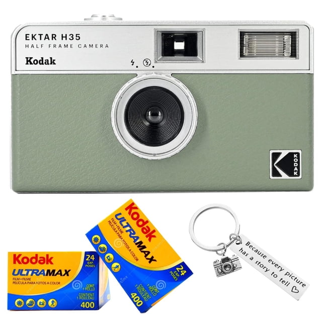 Kodak Ektar H35 Half-Frame Retro Camera in sage green featuring a fixed-focus 22mm wide-angle lens (F/9.5) and built-in flash for versatile shooting. Bundled with two rolls of Kodak Ultramax 400 35mm color negative film (24 exposures each) for vibrant, sharp images, and a stainless steel camera-style keychain engraved with 'Every Picture has a Story to Tell.' Ideal for retro photography enthusiasts and film camera users.