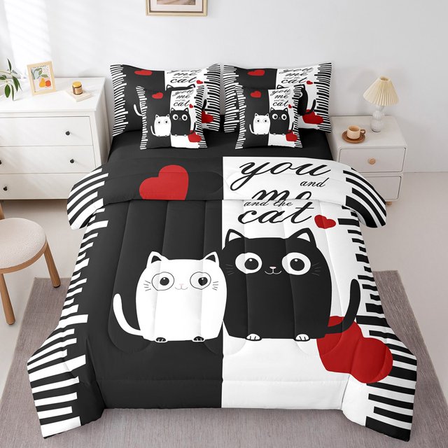 Erosebridal Literie Amusante Chat Chaton Format Simple, Ensembles de Douillette à Rayures Blanches et Noires avec Draps, Réversible 7 Pcs