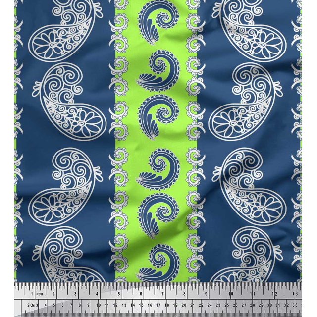 Soimoi Green polyester Crepe Fabric Stripe & Paisley Printed Fabric 1 Yard 52 Inch Wide