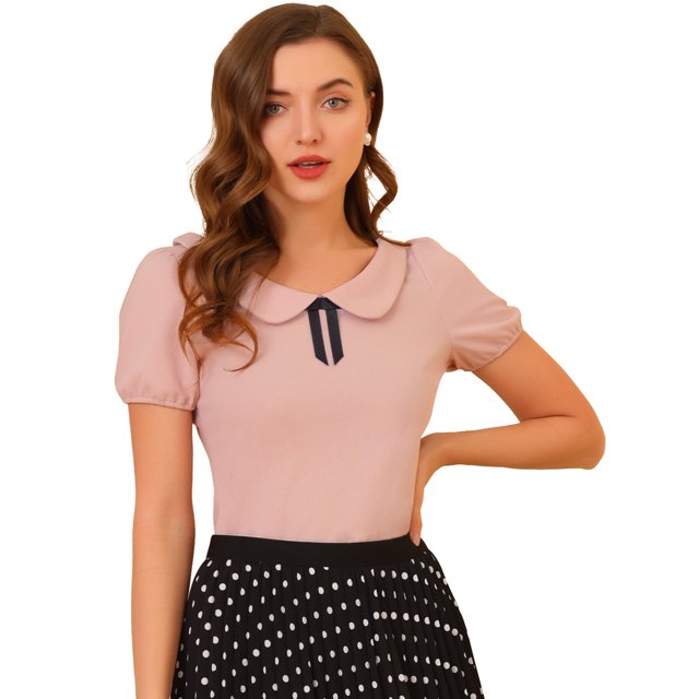 INSPIRE CHIC Women's Flat Collar Elastic Cuff Bow Decor Blouse Top