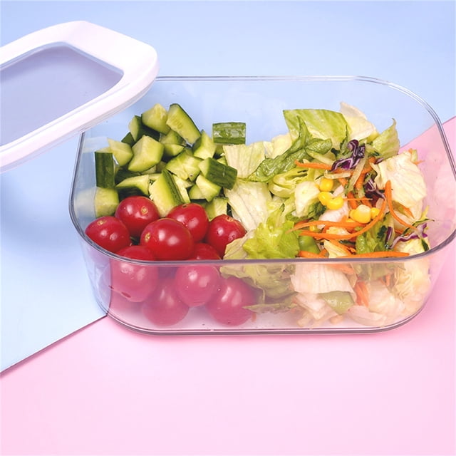 Meat Container for Fridge, a clear rectangular food-grade plastic storage box with a white lid, shown holding fresh vegetables including cherry tomatoes, cucumber slices, and mixed salad. Ideal for storing cold cuts, deli meats, and meal prep ingredients in the refrigerator. Features an airtight, leak-proof, and stackable design for efficient use of space.