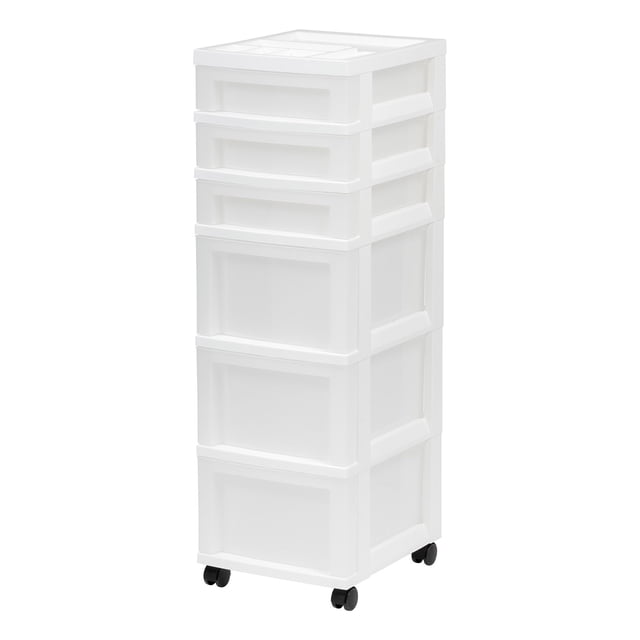 IRIS 6 Drawer Plastic Storage Cart with Organizer Top in clear and white, ideal for portable storage and organization in offices, craft rooms, or dorms. Features three large and three shallow drawers for versatile storage, a divided organizer top for small items, built-in drawer stops, and smooth-glide casters for mobility. Dimensions: 14.25 inches long, 12.05 inches wide, and 37.75 inches high.