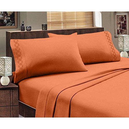 Greek Key Ultra Soft 1800 Series Egyptian Comfort 4 Piece Sheet Set (Queen, Orange)