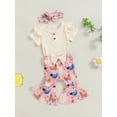 thumbnail image 3 of EYIIYE Toddler Baby Girl 3Pcs Summer Outfits 0 3M 6M 12M 18M Infant Short Sleeve Jumpsuits Ribbed Ruffled Rompers with FloralChick Flare Pants Headbals Fashion Cute Casual Clothes for Daily, 3 of 9