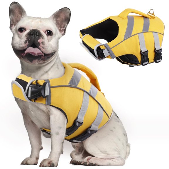 Kuoser Dog Life Jacket with Reflective Stripes, Adjustable Dog Life Vest, Yellow, M