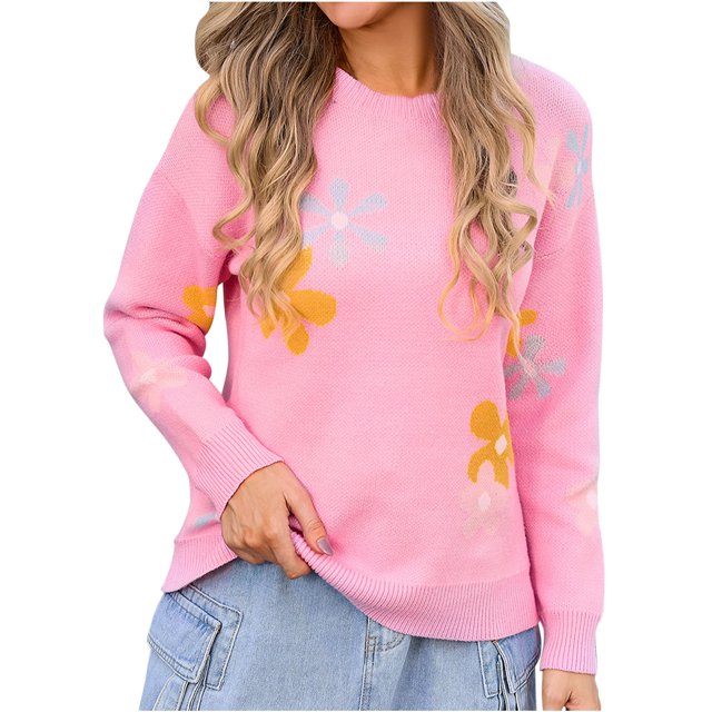 Rbaofujie Chandail pour Femmes Femmes Décontracté à Fleurs Brodé à Manches Longues Col Rond Chandail Tunique Rose Chandails à Capuchon pour Femmes