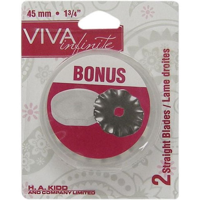 VIVA INFINITE Lames de Rechange pour Coupeuse Rotative 45 mm, Emballage Contenant Deux Lames Droites en Emballage blister Transparent avec Dos Rouge et Blanc, Idéal pour la Courtepointe, la Couture et les Fournitures d'Artisanat, Outils de Coupe.