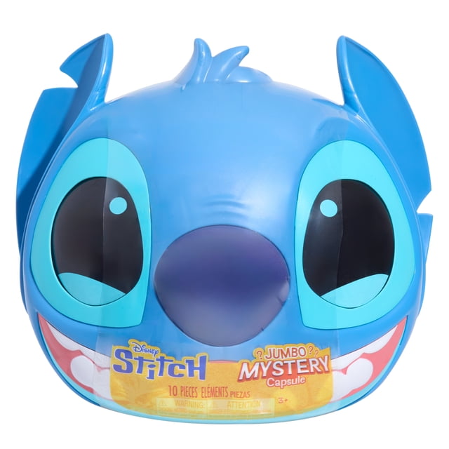 Disney Stitch Capsule Mystère Jumbo en Forme de Tête Bleue de Stitch avec de Grands Yeux Noirs et turquoise, un Nez Violet et un Grand Sourire, avec une Étiquette Jaune Indiquant 10 Pcs de Jouet surprise à l'Intérieur, Idéale pour les collections de Jouets Fantaisie et les Cadeaux de Fête.