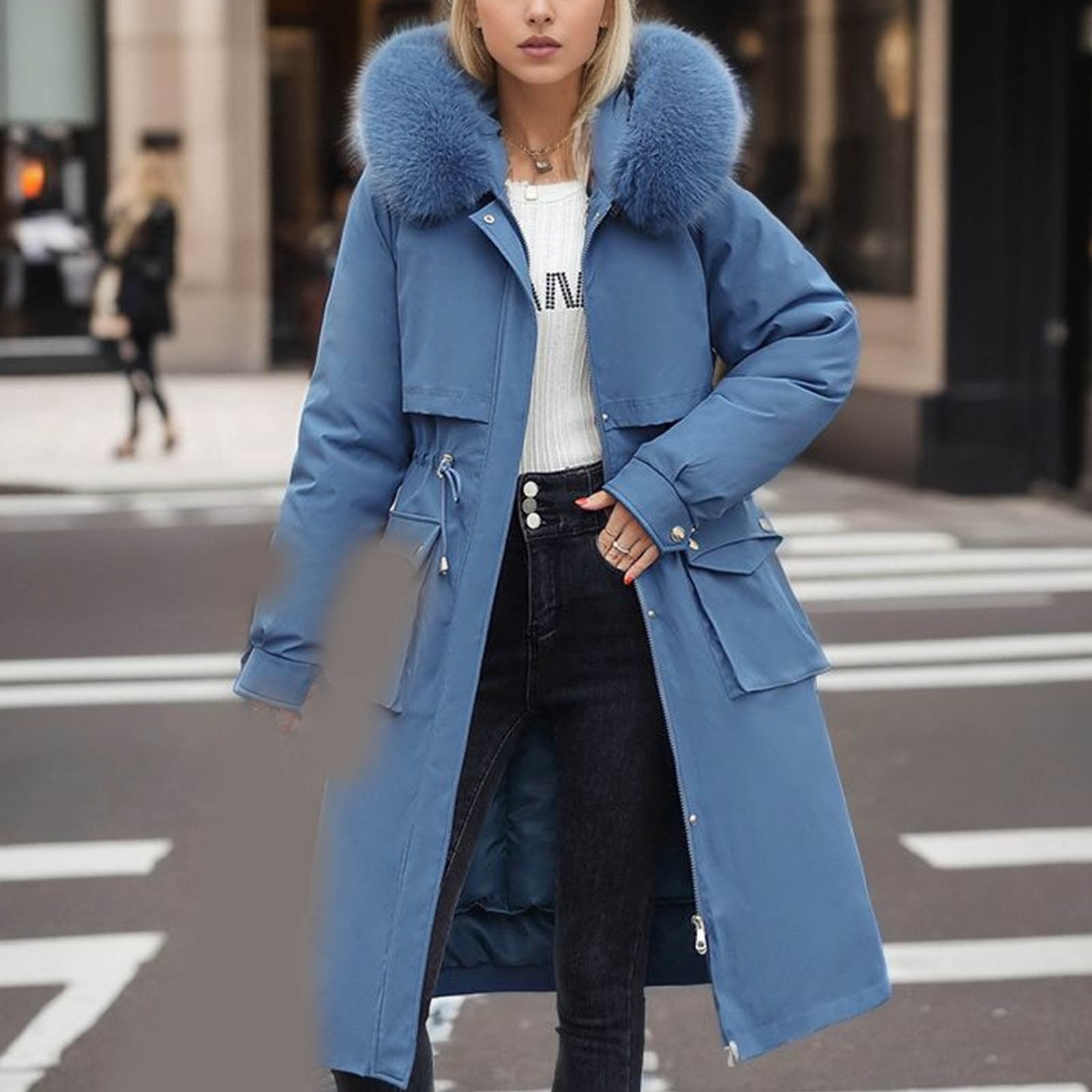 cllios Deals Women's Quilted Winter Coat Warm Puffer Jacket Long Sleeve Thicken Parka with Faux Fur Removable Hood Insulated Windproof Coat