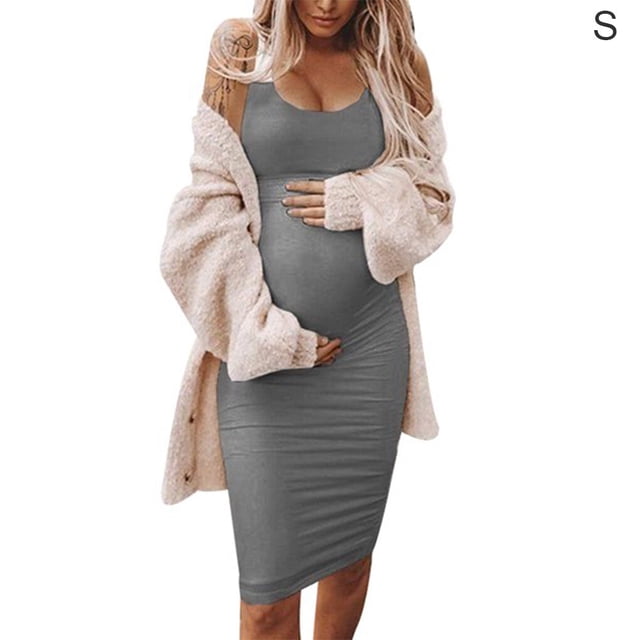 Robe Femme Enceinte Sans Manches Robe Courte Couleur Unie Tenue d'Été, Gris, P