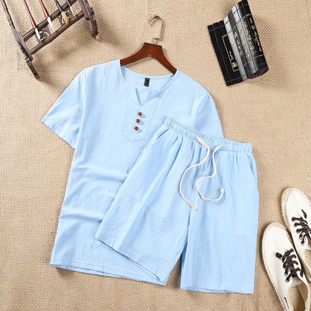 Weiqiqre Men's 2 Piece Outfits Linen Set Short Sleeve Shirt Top and Drawstring Waist Vacation Short Sets