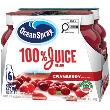 Mélange de jus 100 % Ocean Spray à la canneberge, sans sucre ajouté, 6 x 295 ml. Le goût vif et pur de vraies canneberges. Apporte 100 % de la vitamine C. Sans allergènes, emballage recyclable.