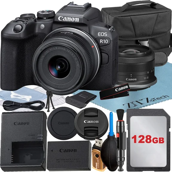 Canon EOS R10 Mirrorless Camera with RF-S 18-45mm Lens + 128GB Memory Card + Case + ZeeTech Accessory Bundle