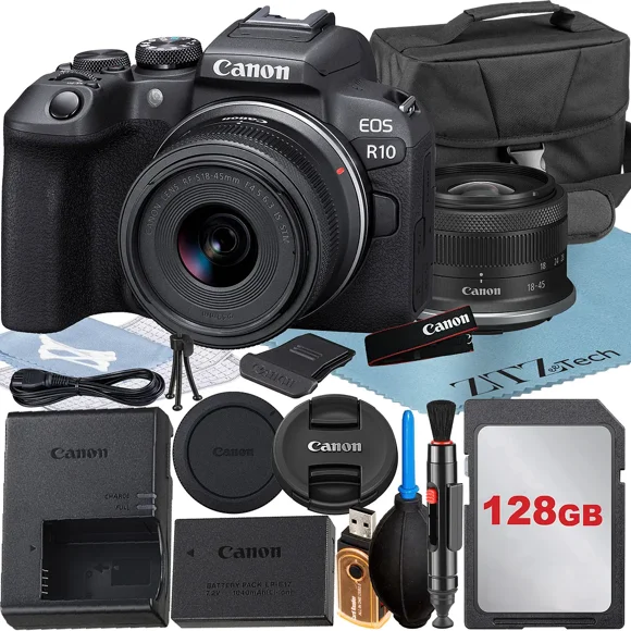 Canon EOS R10 Mirrorless Camera with RF-S 18-45mm Lens + 128GB Memory Card + Case + ZeeTech Accessory Bundle