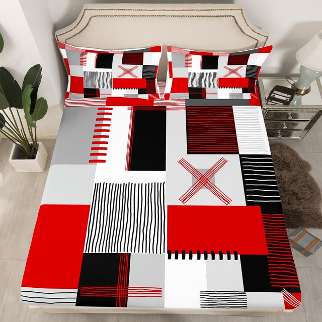 Erosebridal Patchwork Rectangle Fitted Sheet Full,Geometry Stripe Bedding Set Full Size,Abstract Artwork Decor,Lightweight,3-Piece(No Top Sheet)