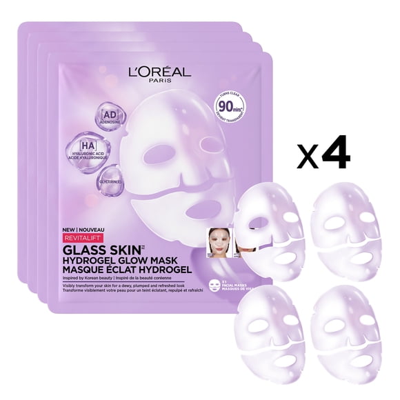 L'Oréal Paris Revitalift Glass Skin Face Mask, Hydrogel Glow Sheet Mask, Pack of 4