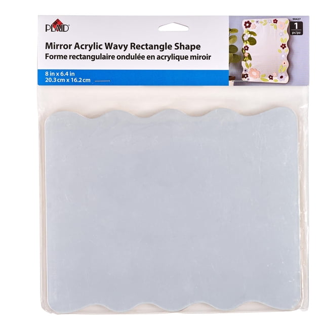 Plaid Acrylic Wavy Rectangle Shape Mirror, 8" x 6.4", a lightweight acrylic mirror with a wavy rectangular silhouette in clear packaging, designed for crafts and DIY décor projects, suitable for painting, decoupage, and embellishing.