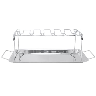 Support de Grille de Cuisse de Poulet avec Lèchefrite, Support de Rôtissoire en Métal en Acier Inoxydable à 14 Fentes, Support de Rôtissoire en Acier Inoxydable, Accessoire de Barbecue pour Fumoir Ou Po