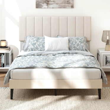 Costway Full Size Velvet Bed Frame with Height Adjustable Vertical Channel Headboard, Beige Beige