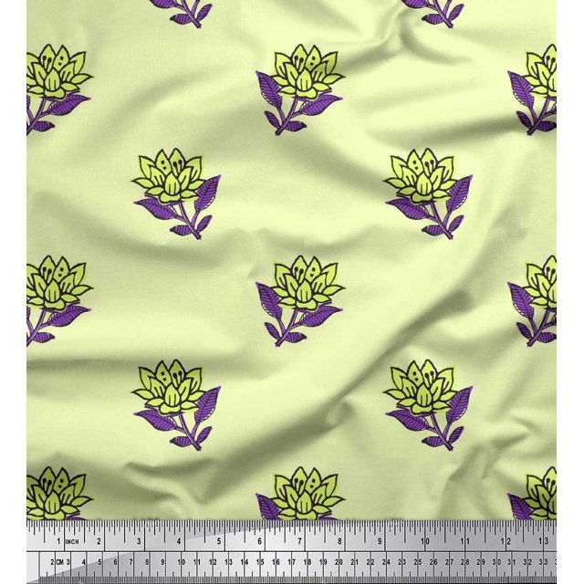 Soimoi Modal Satin Fabric Leaves & Lotus Block Print Fabric by The Yard 42 Inch Wide